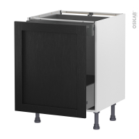 Meuble de cuisine - Bas coulissant - AVARA Frêne Noir - 1 porte 1 tiroir à l'anglaise - L60 x H70 x P58 cm
