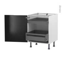 Meuble de cuisine - Bas - AVARA Frêne Noir - 2 tiroirs à l'anglaise - L60 x H70 x P58 cm
