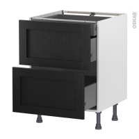 Meuble de cuisine - Casserolier - AVARA Frêne Noir - 2 tiroirs 1 tiroir à l'anglaise - L60 x H70 x P58 cm