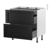 Meuble de cuisine - Casserolier - AVARA Frêne Noir - 2 tiroirs 1 tiroir à l'anglaise - L80 x H70 x P58 cm