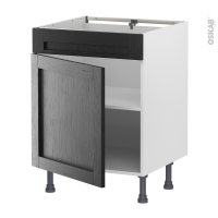 Meuble de cuisine - Bas - Faux tiroir haut - AVARA Frêne Noir - 1 porte - L60 x H70 x P58 cm