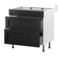 Meuble de cuisine - Casserolier - Faux tiroir haut - AVARA Frêne Noir - 2 tiroirs - L80 x H70 x P58 cm