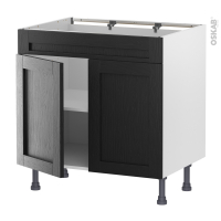 Meuble de cuisine - Bas - Faux tiroir haut - AVARA Frêne Noir - 2 portes - L80 x H70 x P58 cm