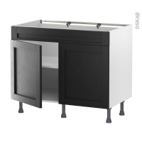 Meuble de cuisine - Bas - Faux tiroir haut - AVARA Frêne Noir - 2 portes - L100 x H70 x P58 cm
