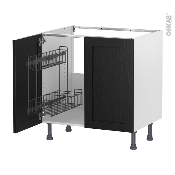 Meuble de cuisine - Sous évier - AVARA Frêne Noir - 2 portes lessiviel - L80 x H70 x P58 cm