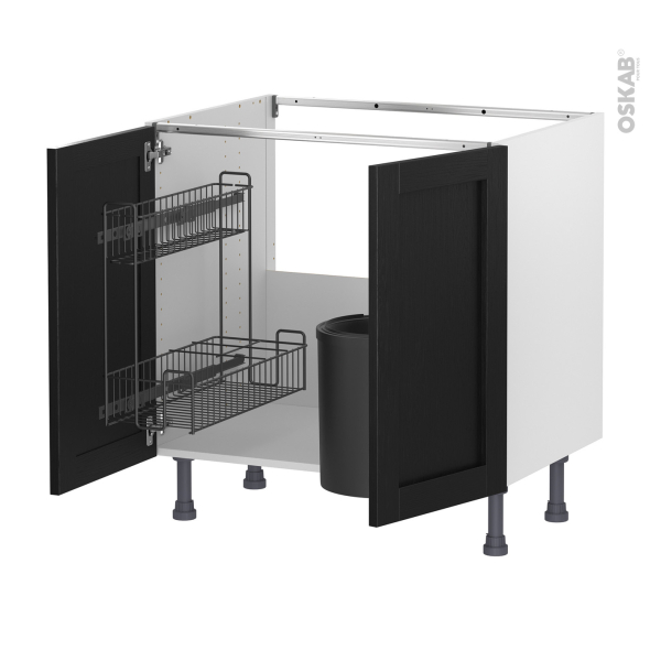 Meuble de cuisine - Sous évier - AVARA Frêne Noir - 2 portes lessiviel poubelle ronde - L80 x H70 x P58 cm