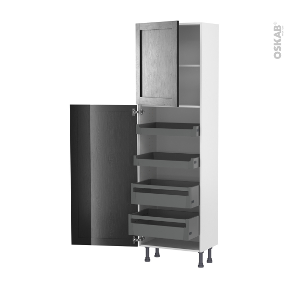 Colonne de cuisine N°2127 - Armoire de rangement - AVARA Frêne Noir - 4 tiroirs à l'anglaise - L60 x H195 x P37 cm