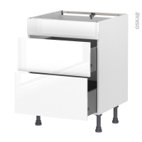 Meuble de cuisine - Casserolier - Faux tiroir haut - BORA Blanc - 2 tiroirs - L60 x H70 x P58 cm