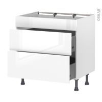 Meuble de cuisine - Casserolier - Faux tiroir haut - BORA Blanc - 2 tiroirs - L80 x H70 x P58 cm