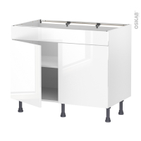 Meuble de cuisine - Bas - Faux tiroir haut - BORA Blanc - 2 portes - L100 x H70 x P58 cm