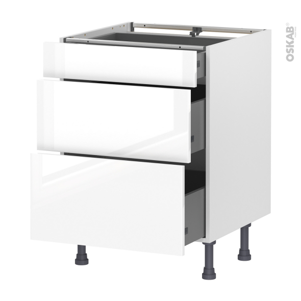 Meuble de cuisine - Casserolier - BORA Blanc - 3 tiroirs - L60 x H70 x P58 cm