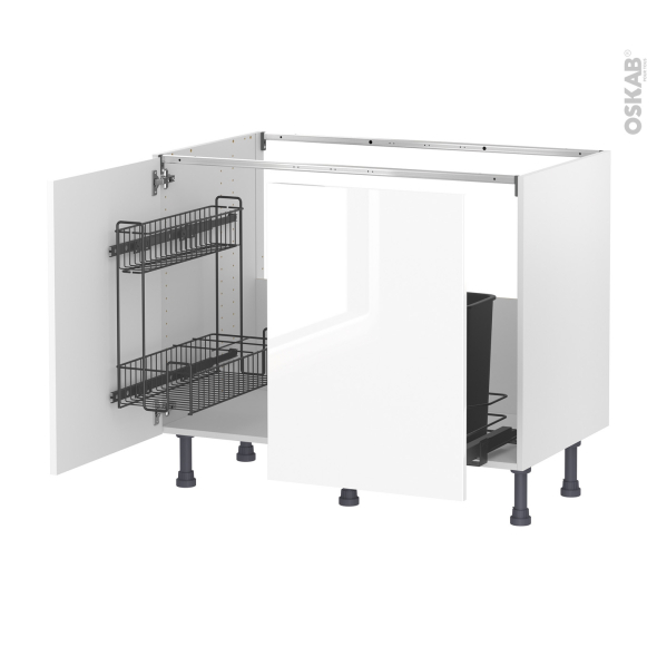 Meuble de cuisine - Sous évier - BORA Blanc - 2 portes lessiviel coulissante - L100 x H70 x P58 cm
