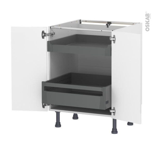 Meuble de cuisine - Bas - BORA Blanc - 2 portes 2 tiroirs à l'anglaise - L60 x H70 x P58 cm