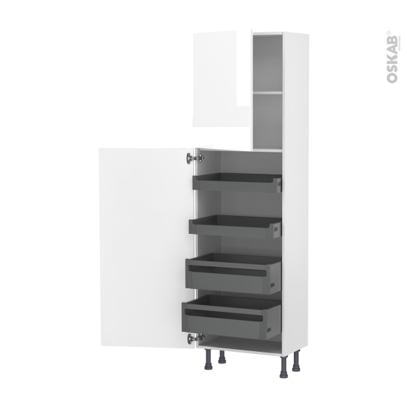 Colonne de cuisine N°2127 - Armoire de rangement - BORA Blanc - 4 tiroirs à l'anglaise - L60 x H195 x P37 cm