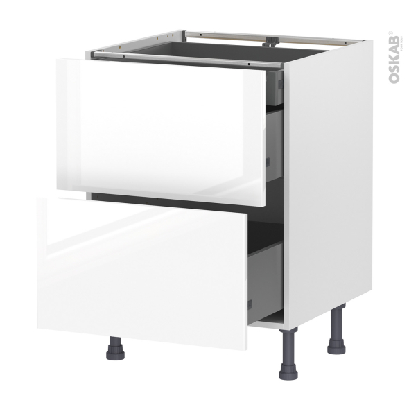 Meuble de cuisine - Casserolier - BORA Blanc - 2 tiroirs 1 tiroir à l'anglaise - L60 x H70 x P58 cm