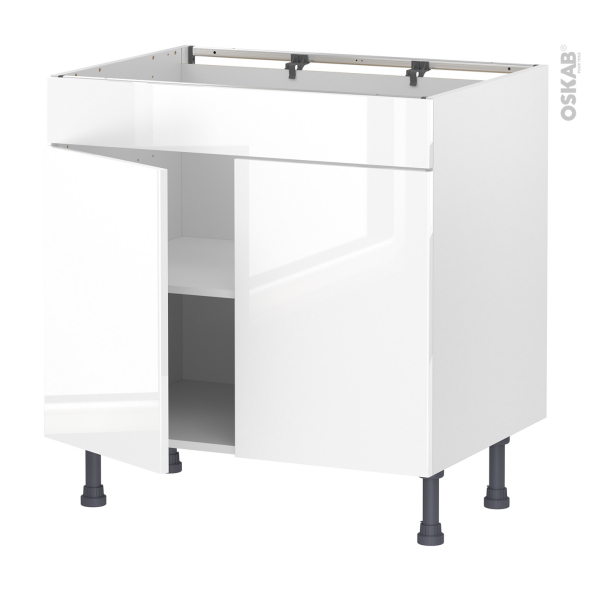 Meuble de cuisine - Bas - Faux tiroir haut - BORA Blanc - 2 portes - L80 x H70 x P58 cm