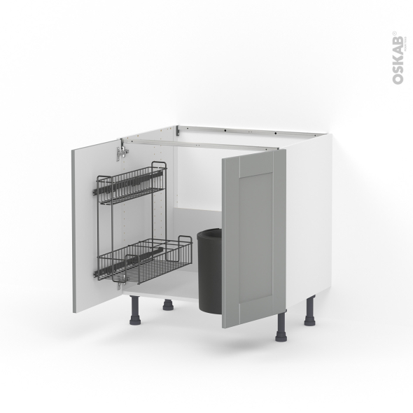 Meuble de cuisine - Sous évier - FILIPEN Gris - 2 portes lessiviel poubelle ronde - L80 x H70 x P58 cm