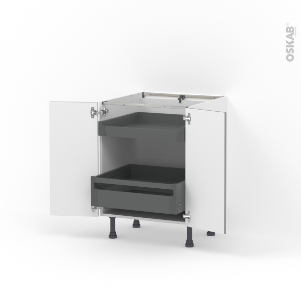 Meuble de cuisine - Bas - FILIPEN Gris - 2 portes 2 tiroirs à l'anglaise - L60 x H70 x P58 cm