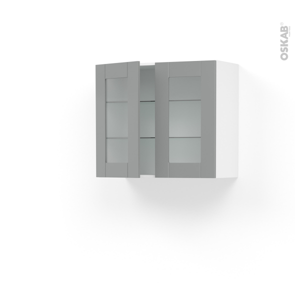 Meuble de cuisine - Haut ouvrant vitré - FILIPEN Gris - 2 portes - L80 x H70 x P37 cm