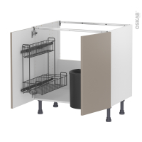 Meuble de cuisine - Sous évier - GINKO Taupe - 2 portes lessiviel poubelle ronde - L80 x H70 x P58 cm