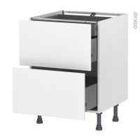 Meuble de cuisine - Casserolier - HELIA Blanc - 2 tiroirs 1 tiroir à l'anglaise - L60 x H70 x P58 cm