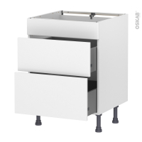 Meuble de cuisine - Casserolier - Faux tiroir haut - HELIA Blanc - 2 tiroirs - L60 x H70 x P58 cm