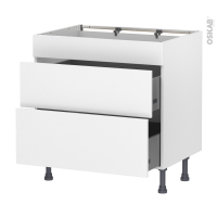 Meuble de cuisine - Casserolier - Faux tiroir haut - HELIA Blanc - 2 tiroirs - L80 x H70 x P58 cm