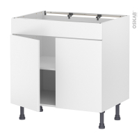 Meuble de cuisine - Bas - Faux tiroir haut - HELIA Blanc - 2 portes - L80 x H70 x P58 cm
