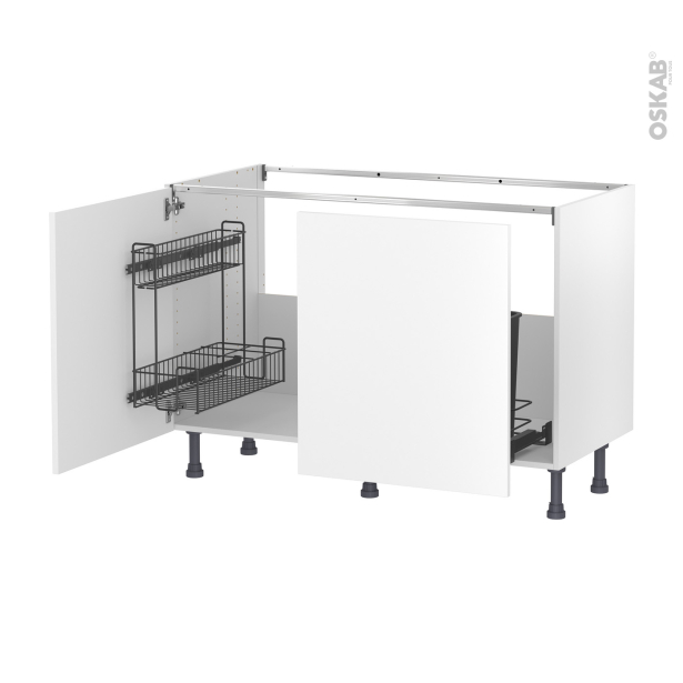 Meuble de cuisine Sous évier <br />HELIA Blanc, 2 portes lessiviel-poubelle coulissante , L120 x H70 x P58 cm 