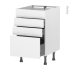 #Meuble de cuisine Casserolier <br />Faux tiroir haut, HELIA Blanc, 3 tiroirs, L50 x H70 x P58 cm 