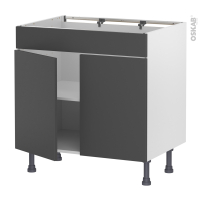 Meuble de cuisine - Bas - Faux tiroir haut - HELIA Gris - 2 portes - L80 x H70 x P58 cm