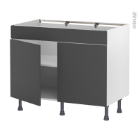 Meuble de cuisine - Bas - Faux tiroir haut - HELIA Gris - 2 portes - L100 x H70 x P58 cm