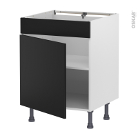 Meuble de cuisine - Bas - Faux tiroir haut - HELIA Noir - 1 porte - L60 x H70 x P58 cm