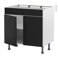 Meuble de cuisine - Bas - Faux tiroir haut - HELIA Noir - 2 portes - L80 x H70 x P58 cm