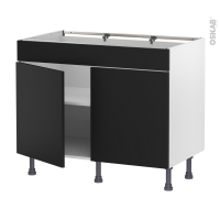 Meuble de cuisine - Bas - Faux tiroir haut - HELIA Noir - 2 portes - L100 x H70 x P58 cm