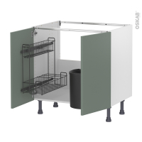 Meuble de cuisine - Sous évier - HELIA Vert - 2 portes lessiviel poubelle ronde - L80 x H70 x P58 cm