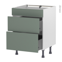 Meuble de cuisine - Casserolier - Faux tiroir haut - HELIA Vert - 2 tiroirs - L60 x H70 x P58 cm