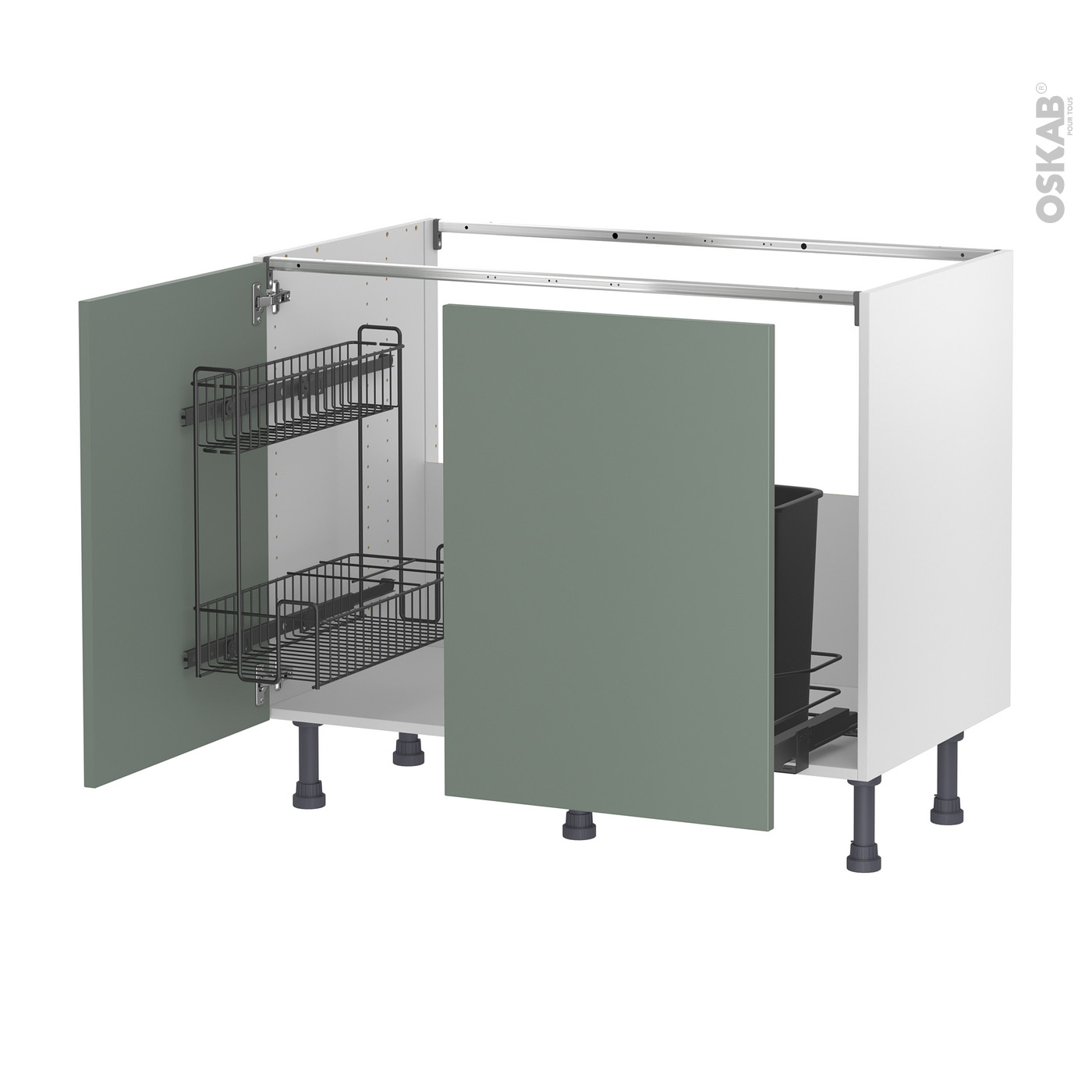 Meuble de cuisine Sous évier HELIA Vert 2 portes lessiviel-poubelle  coulissante L100 x H70 x P58 cm - Oskab