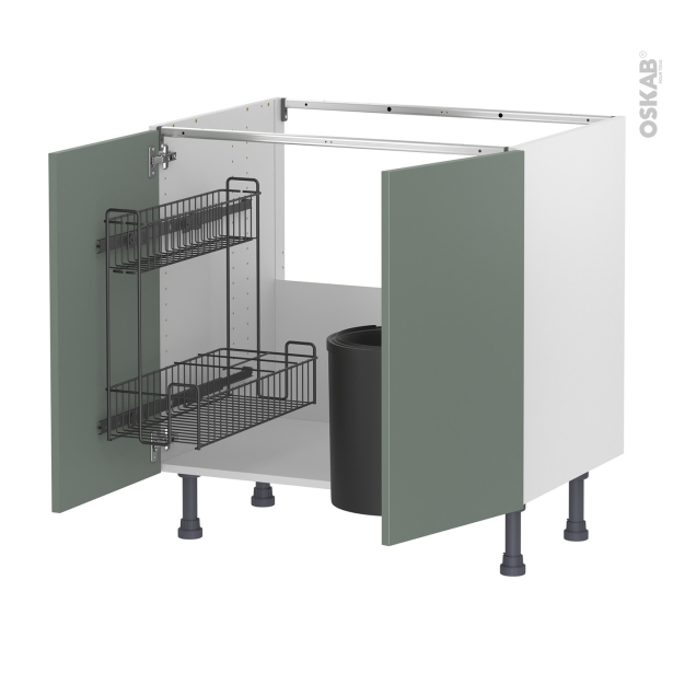 Meuble de cuisine Sous évier <br />HELIA Vert, 2 portes lessiviel poubelle ronde, L80 x H70 x P58 cm 