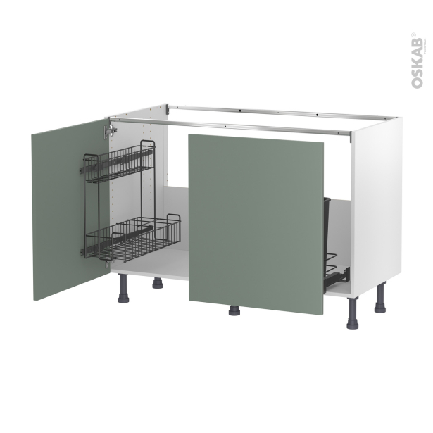 Meuble de cuisine Sous évier <br />HELIA Vert, 2 portes lessiviel-poubelle coulissante , L120 x H70 x P58 cm 