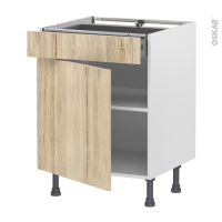 Meuble de cuisine - Bas - IKORO Chêne clair - 1 porte 1 tiroir - L60 x H70 x P58 cm