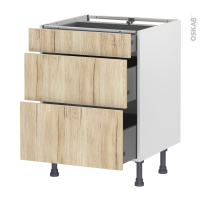 Meuble de cuisine - Casserolier - IKORO Chêne clair - 3 tiroirs - L60 x H70 x P58 cm