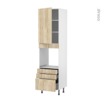 Colonne de cuisine N°2459 - Four encastrable niche 60 - IKORO Chêne clair - 1 porte 3 tiroirs - L60 x H217 x P58 cm