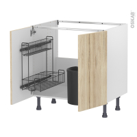 Meuble de cuisine - Sous évier - IKORO Chêne clair - 2 portes lessiviel poubelle ronde - L80 x H70 x P58 cm