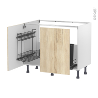 Meuble de cuisine - Sous évier - IKORO Chêne clair - 2 portes lessiviel-poubelle coulissante  - L100 x H70 x P58 cm