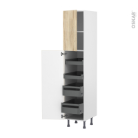 Colonne de cuisine N°1926 - Armoire de rangement - IKORO Chêne clair - 4 tiroirs à l'anglaise - L40 x H195 x P58 cm