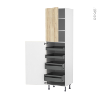 Colonne de cuisine N°2427 - Armoire de rangement - IKORO Chêne clair - 4 tiroirs à l'anglaise - L60 x H217 x P58 cm