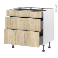 Meuble de cuisine - Casserolier - IKORO Chêne clair - 3 tiroirs - L80 x H70 x P58 cm