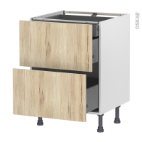 Meuble de cuisine - Casserolier - IKORO Chêne clair - 2 tiroirs 1 tiroir à l'anglaise - L60 x H70 x P58 cm