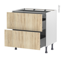 Meuble de cuisine - Casserolier - IKORO Chêne clair - 2 tiroirs 1 tiroir à l'anglaise - L80 x H70 x P58 cm